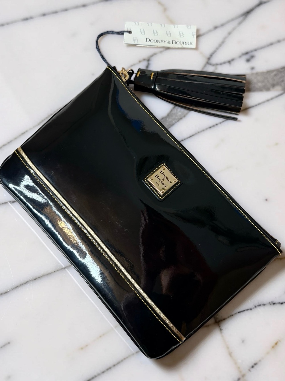 NWT Dooney & Bourke Black Patent Leather Clutch Wristlet Bag Statement Tassel - Picture 2 of 16